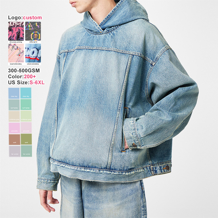 Custom High Quality Acid Washed Oversized Distressed Sweatshirt No Drawstring Hoodie Hooded Denim Sun Faded Jacket Hoodie Men