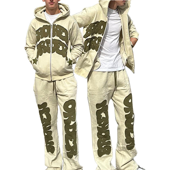 Oem Vintage Streetwear Tracksuit Stacked Joggers Set Patch Embroidered Zip Up Hoodie Flared Pants Acid Wash Sweat Suit For Men