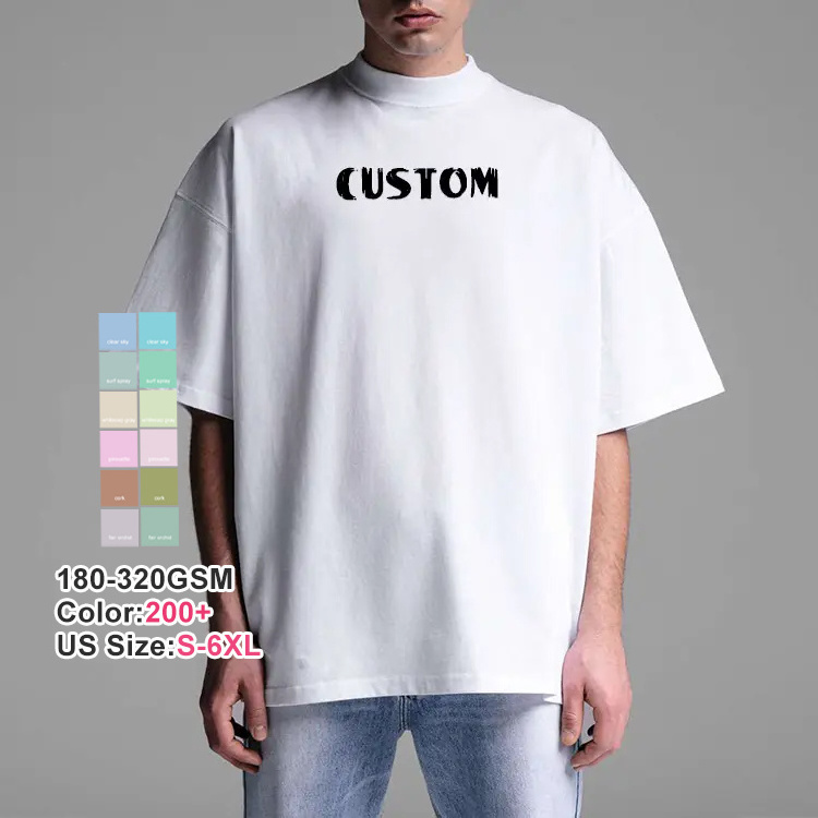 High Neck Short Sleeve Drop Shoulder Thick Oversize Pima 100% Cotton Heavy Tshirt Boxy Fit Tee Blank Plain Shirts Print T Shirt