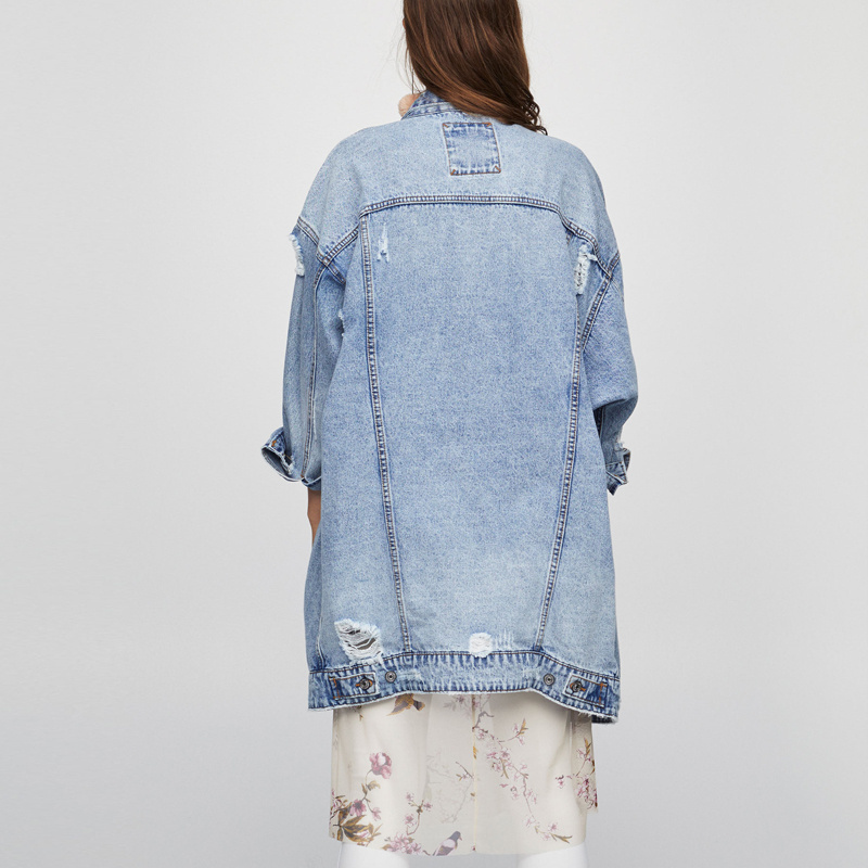 Fashion plus size ripped distressed custom oversized long american streetwear denim jean jacket in bulk denim jackets for lady