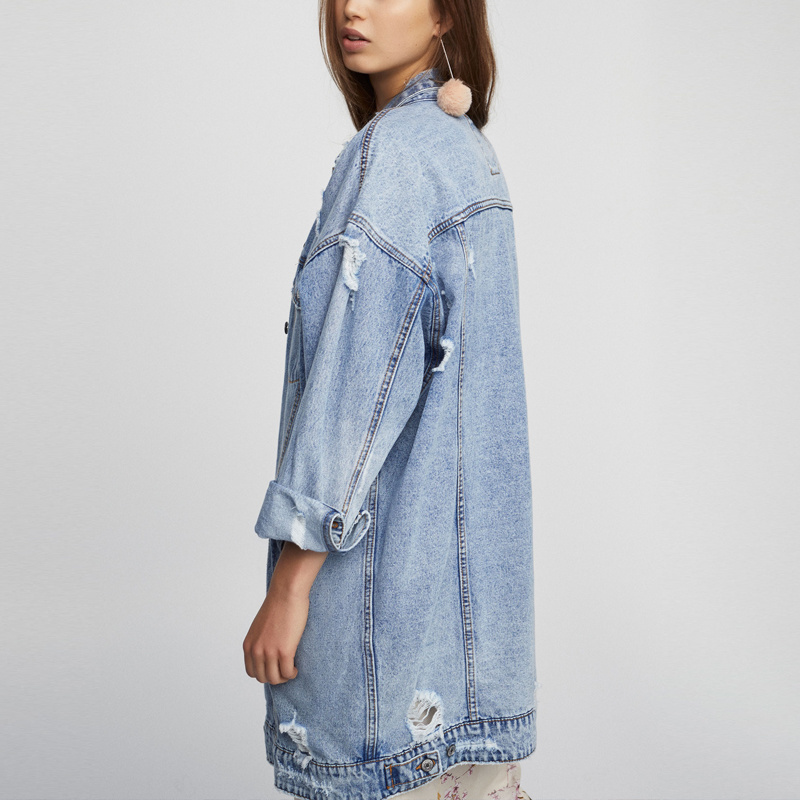 Fashion plus size ripped distressed custom oversized long american streetwear denim jean jacket in bulk denim jackets for lady