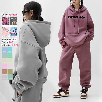 High Quality Custom Logo Two Piece Suits Solid Color Streetwear Screen Print Logo Plain Tracksuit Hoodie Women Sweatsuit Sets