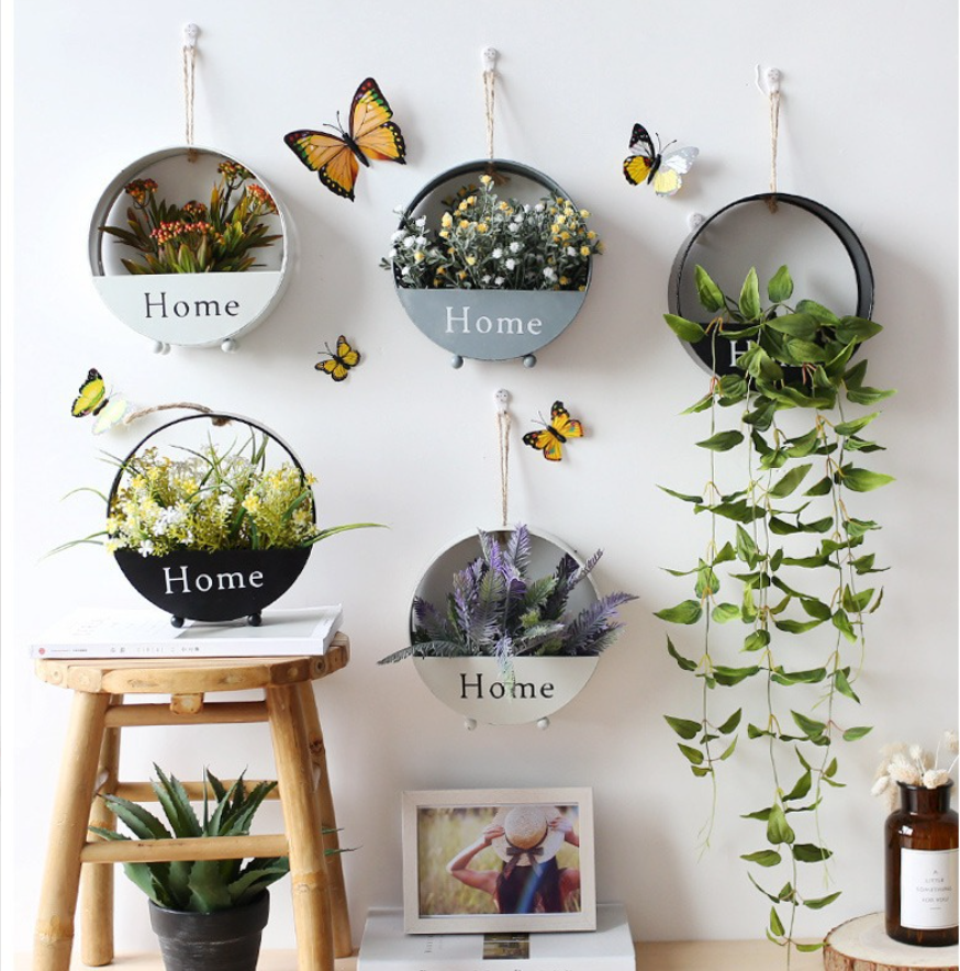 American Home Wedding Living Bedroom Wall Hanging Decorations Round Metal Wall Hanging Artificial Flower Pot Baskets