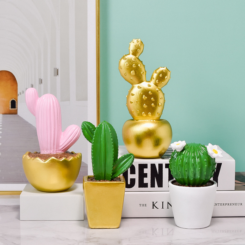 Creative Simple Fashion Home Desktop Art Craft Resin Plant Ornament Decorations Ins Gold Resin Plant Cactus Sculpture Bonsai