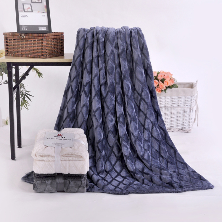 100% polyester solid and soft embossed flannel thick fleece blanket with sherpa