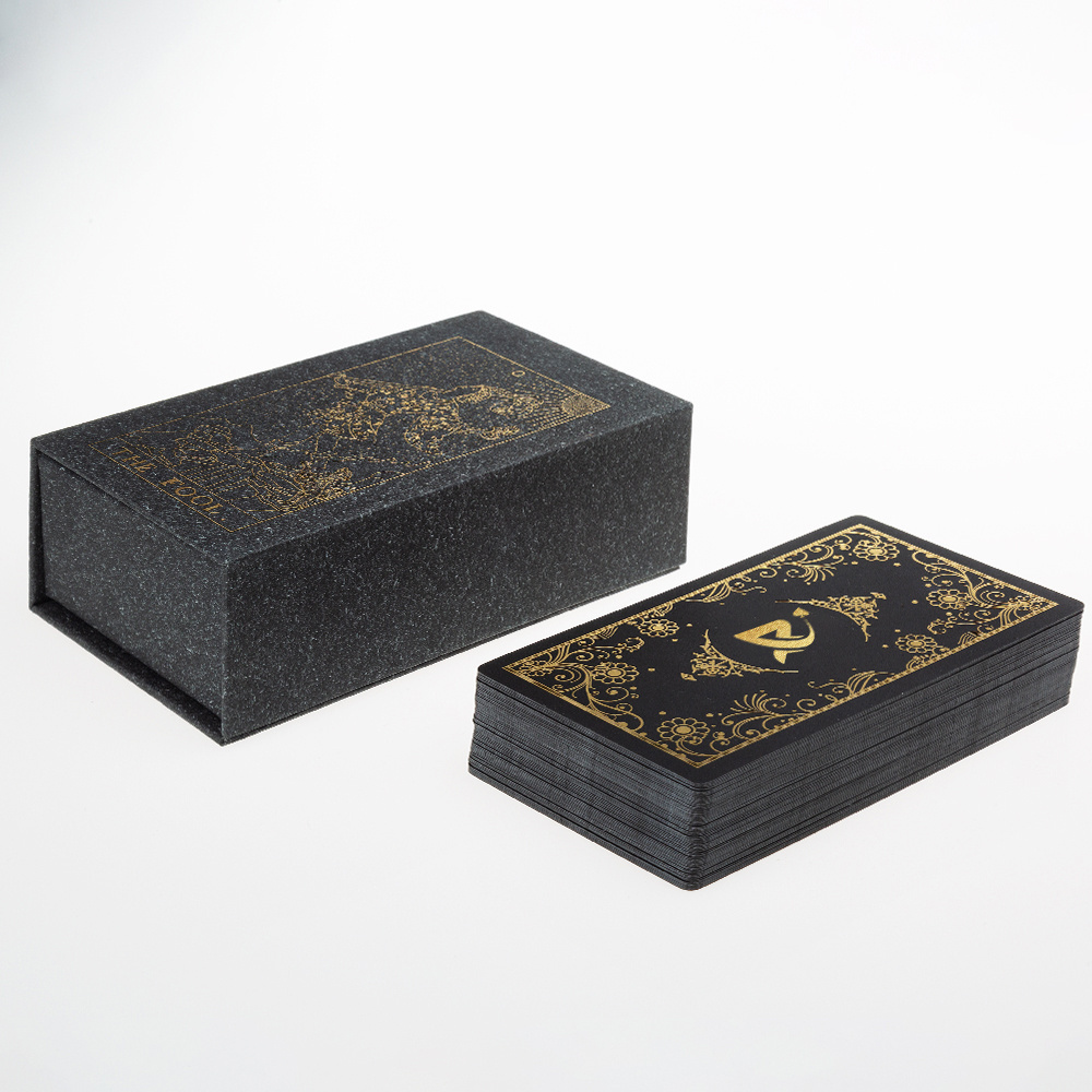 AYPC Custom Design Gold Stamping High Quality  Black Plastic Paper Flip Box Guidebook Mystical Oracle Tarot Cards