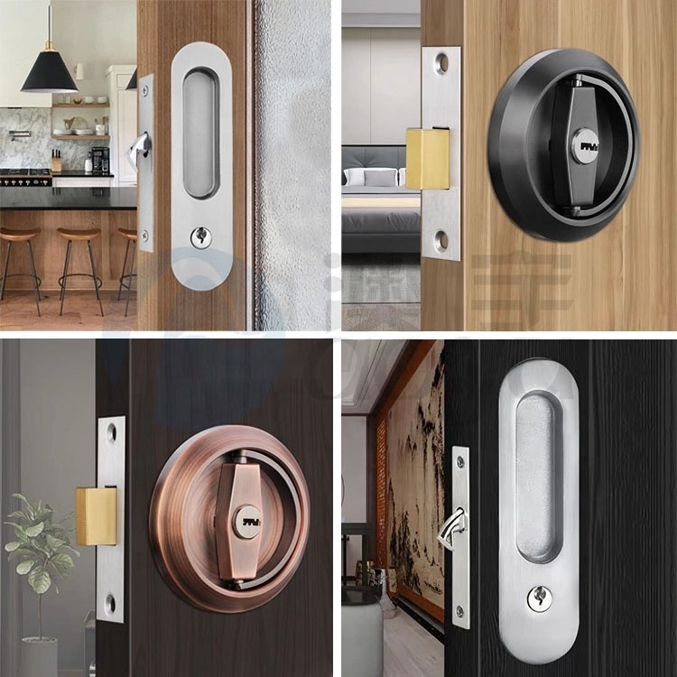 Wooden Round Entrance Cavity Slider Fingerprint Black Pocket Sliding Door Locking System