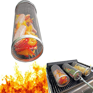 Stainless Steel Wire Mesh Cylinder Grill Basket BBQ Rolling Grill Basket for Outdoor