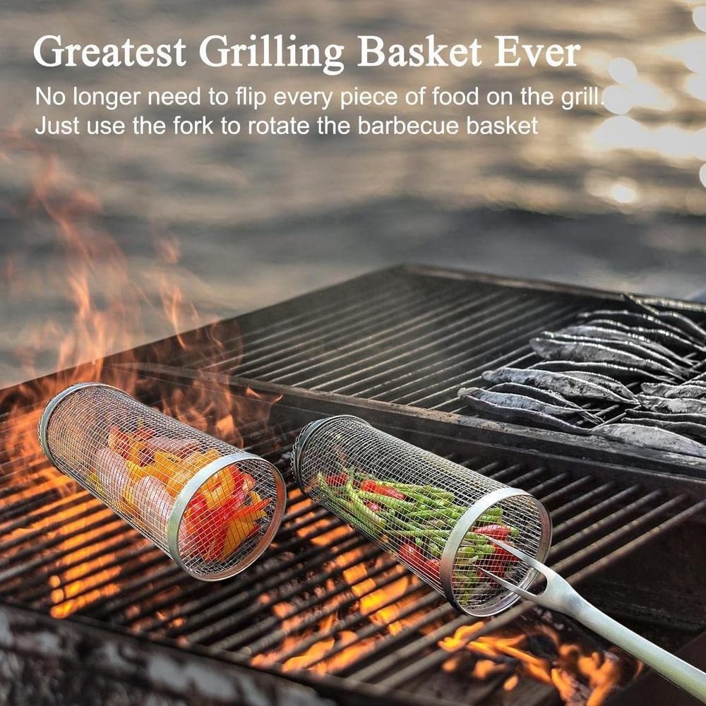 Stainless Steel Wire Mesh Cylinder Grill Basket BBQ Rolling Grill Basket for Outdoor