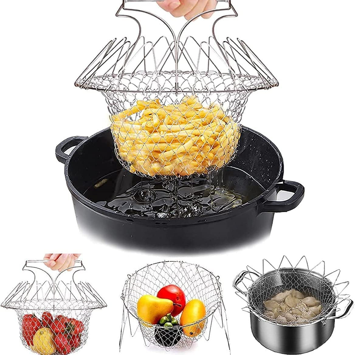 Deep frying basket Strainer Net Basket for Kitchen Cooking Stainless Steel Foldable Chef Frying Basket