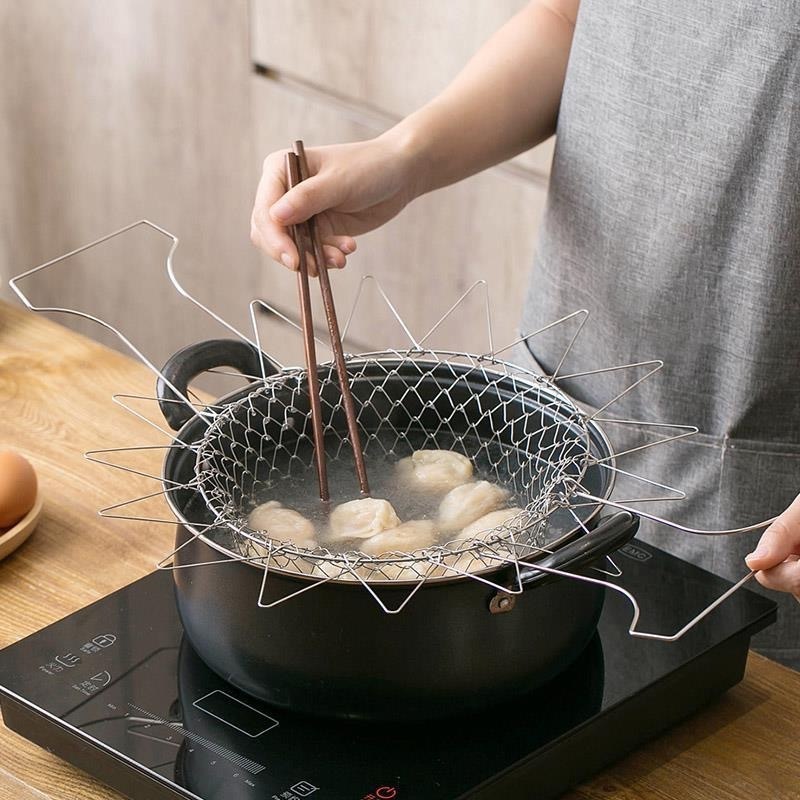 Deep frying basket Strainer Net Basket for Kitchen Cooking Stainless Steel Foldable Chef Frying Basket