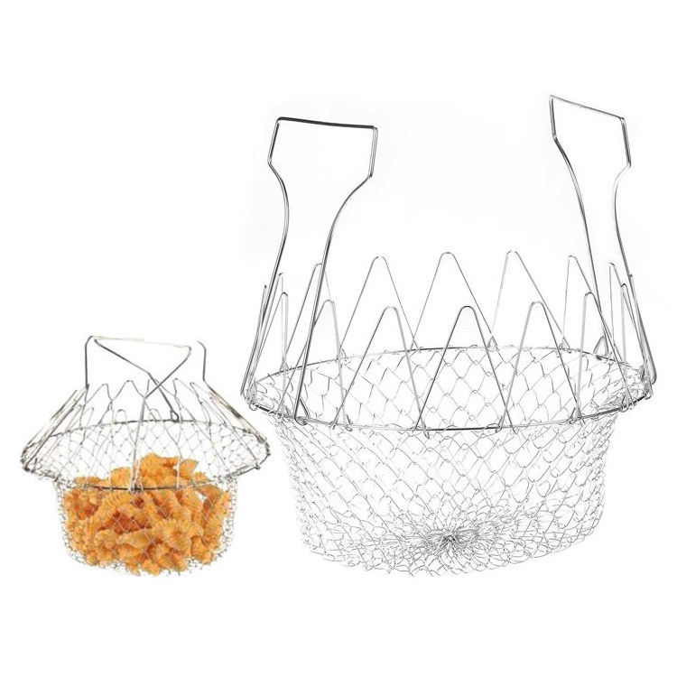 Deep frying basket Strainer Net Basket for Kitchen Cooking Stainless Steel Foldable Chef Frying Basket