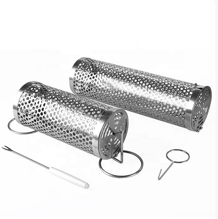 Rolling Grilling Basket with Long Barbecue Fork 20CM Portable Stainless Steel Wire Mesh Cylinder BBQ Grill Basket