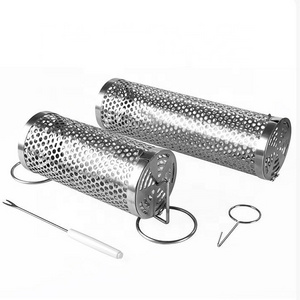 Rolling Grilling Basket with Long Barbecue Fork 20CM Portable Stainless Steel Wire Mesh Cylinder BBQ Grill Basket