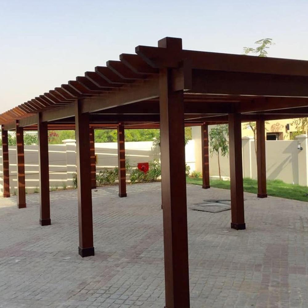 Outdoor external composite post and beam modern design gazebo natural wood looking grid wpc pergola