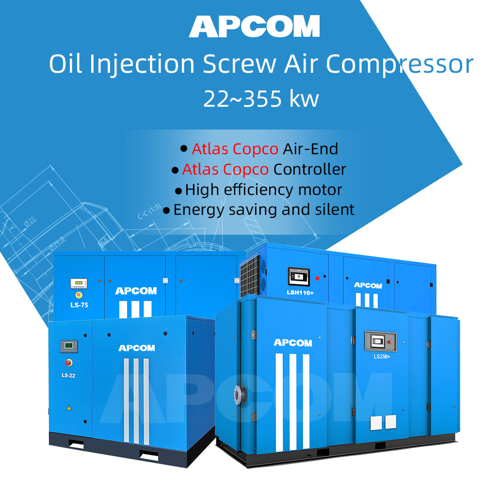 APCOM 280 KW 375 HP AirCompressor Industrial Rotary Screw Air Compressor 280kw 375hp with Atlas Copco Head Controller Motor