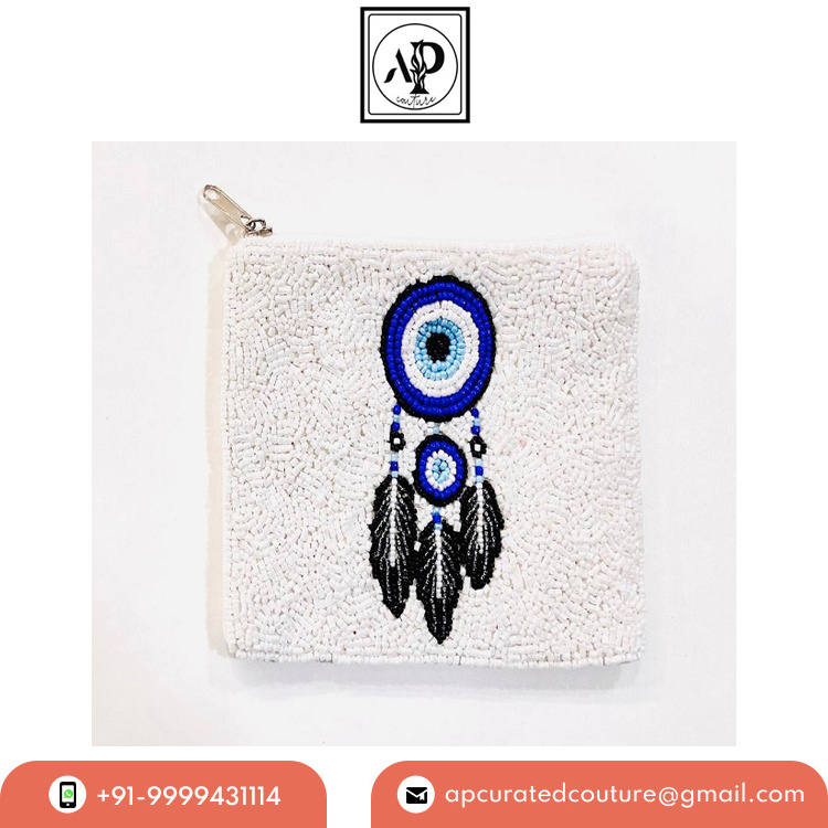 Hot Selling Eye Catching Design Party Wear Canvas Fabric and Beads Material Makeup Organizer Coin Purse at Best Price