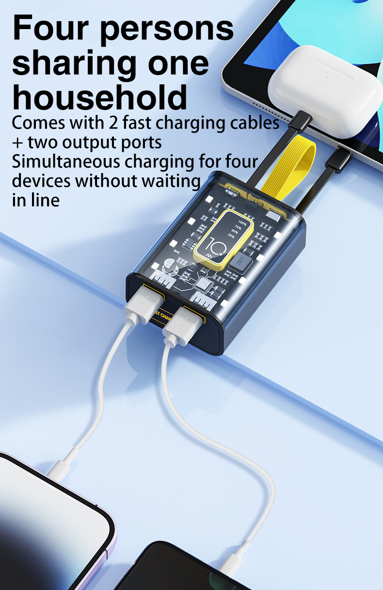 Portable Charger 20000mAh 20W Small Power Bank with Built in Cables Transparent External Battery Pack Transparent Power Bank