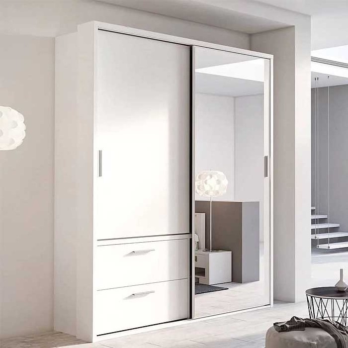 Bedroom small dark wood pine closet mirrored wardrobe sliding doors