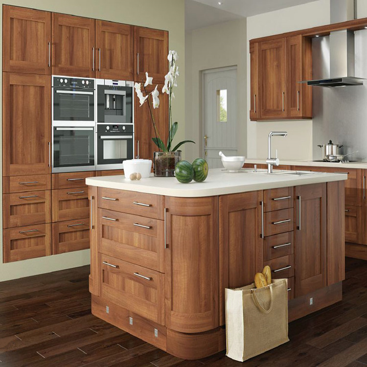 Wood veneer built in small kitchen cabinet unit