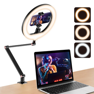 APEXEL Desk Ring Light Overhead Camera Mounting Kit 10 Inch Ring Light with Arm Stand & Phone Holder for Video Recording