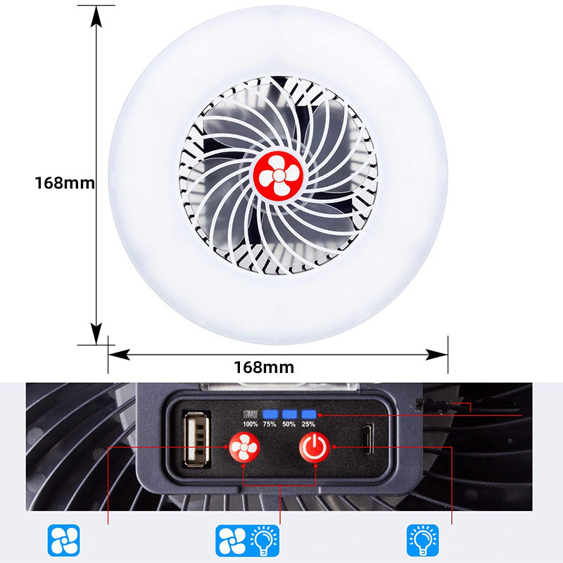 CE & ROHS certificated 18650 Rechargeable battery Compact & Portable tent fan 54 LED dual purpose Fan lantern