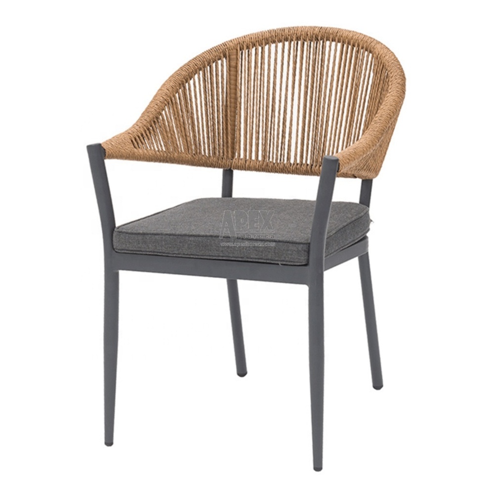 Cheap outdoor furniture restaurant black Aluminum PE Rope Fabric woven wicker rattan dining arm chairs