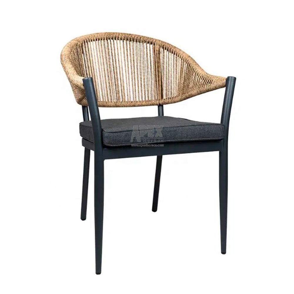 Cheap outdoor furniture restaurant black Aluminum PE Rope Fabric woven wicker rattan dining arm chairs