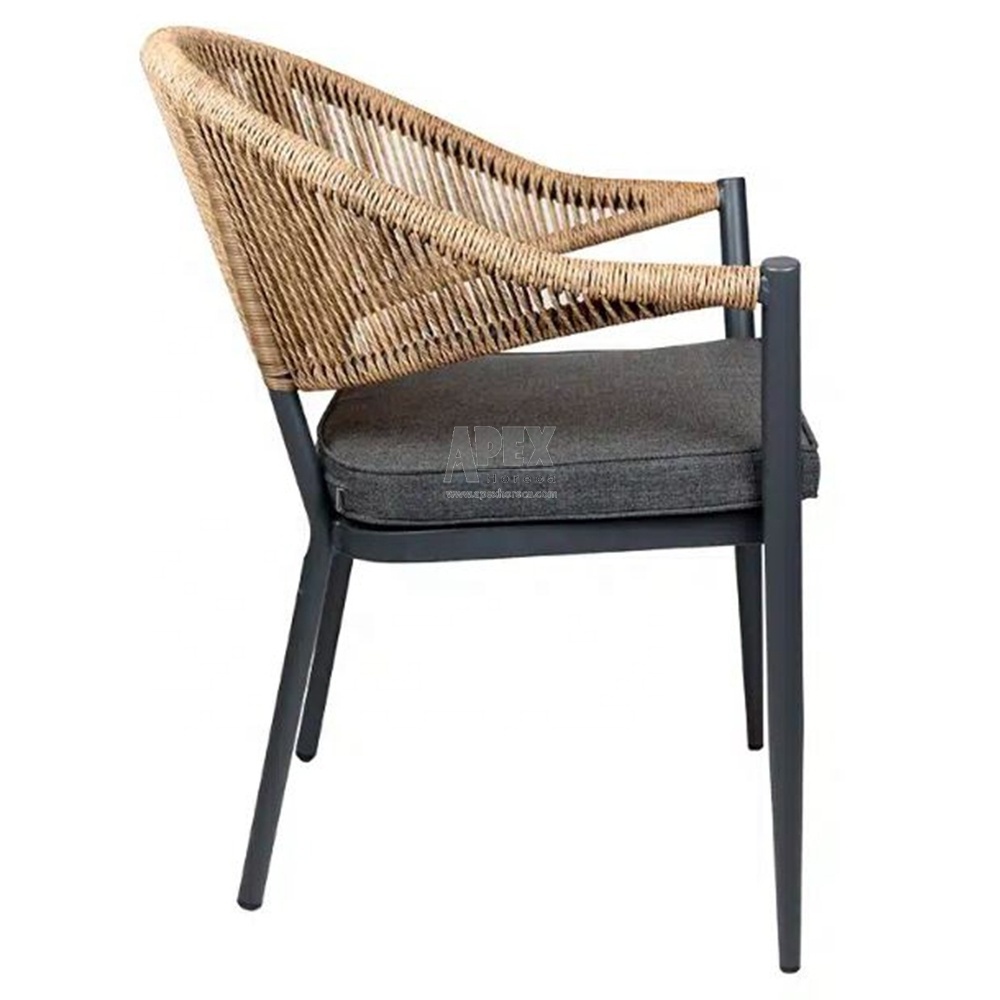 Cheap outdoor furniture restaurant black Aluminum PE Rope Fabric woven wicker rattan dining arm chairs