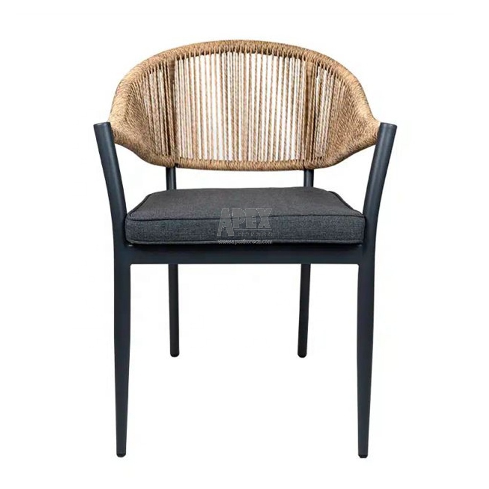 Cheap outdoor furniture restaurant black Aluminum PE Rope Fabric woven wicker rattan dining arm chairs