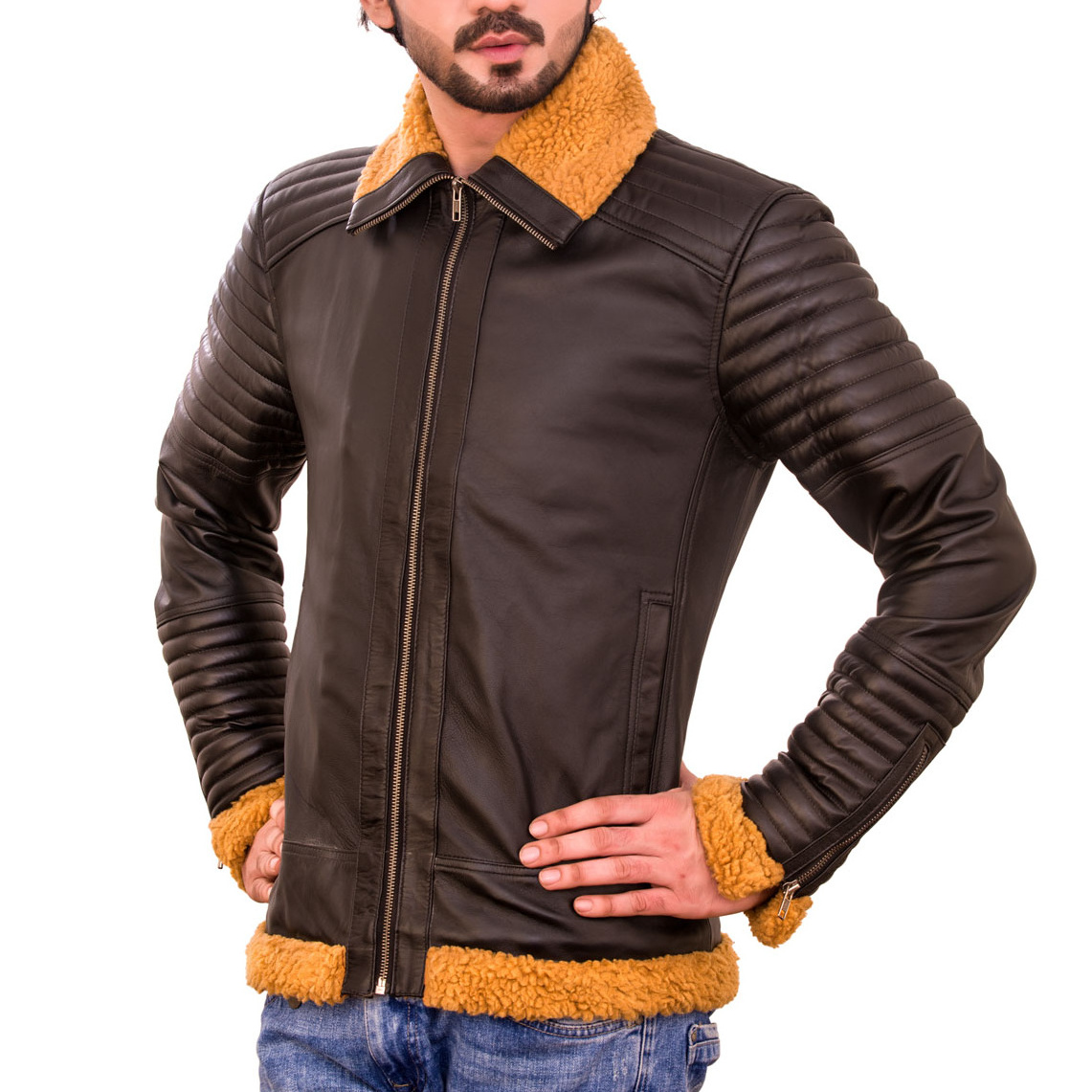 Victor Rider Brown Leather Quilted Jacket with Fur Genuine Sheep Leather Jackets Fashion Leather Jackets in Wholesale Prices