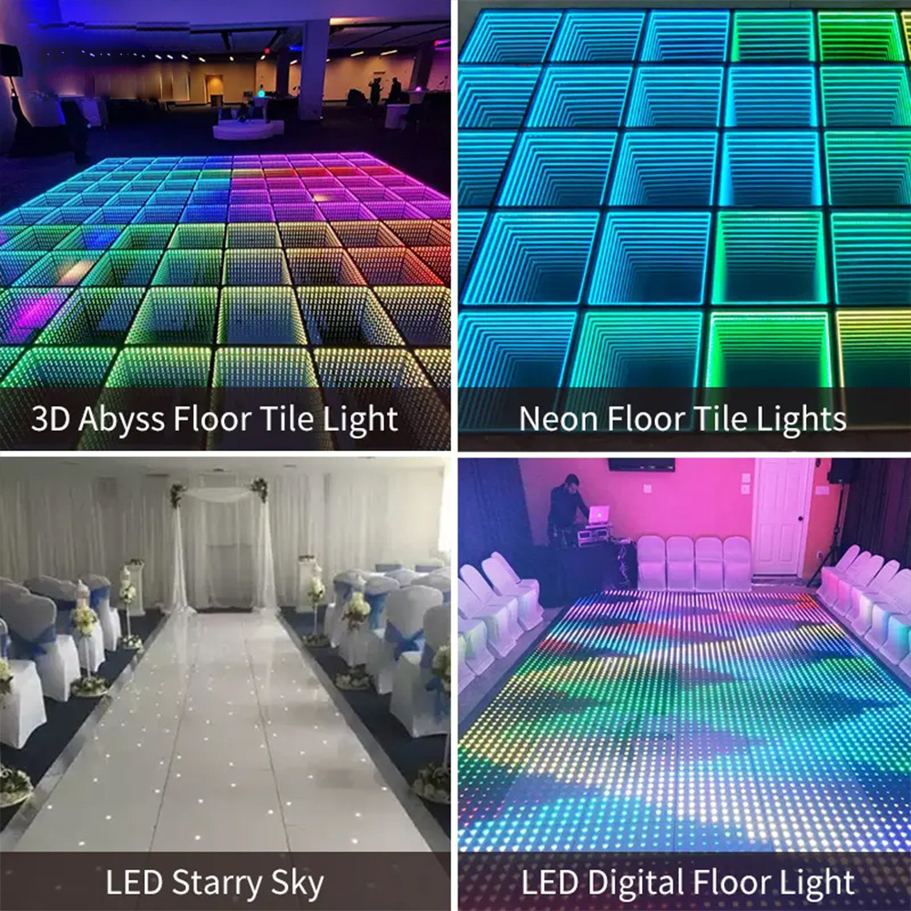 RGB 3D Effect LED Dance Floor Panel Lighted Tempered Glass Magnetic Infinity Mirror Wedding Party Stage Mats DMX Control Mode