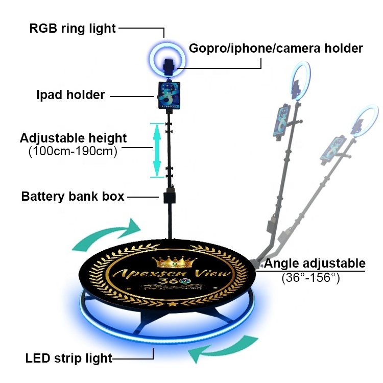 PHOTO BOOTH 360 Spinner Platform  Automatic Rotating Camera Video Metal 360 Photo Booth with RGB lights