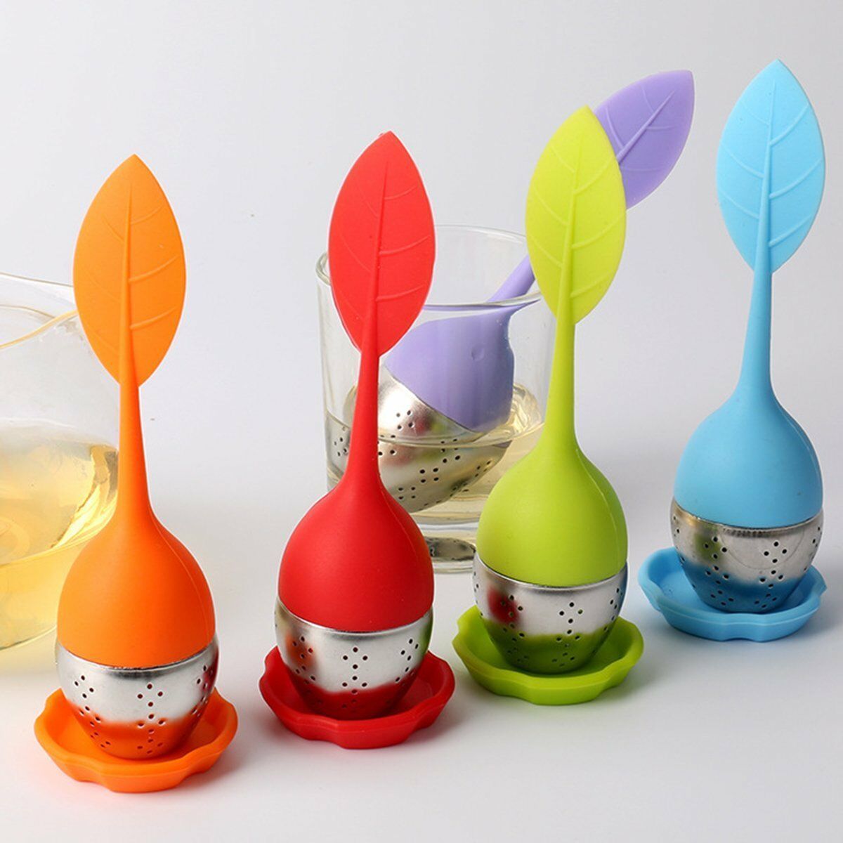 Stainless Steel Tea Strainer Leaf Strainer Handle with Steel Ball Silicone Leaf Lid, Silicone Tea Infuser for Loose Leaf