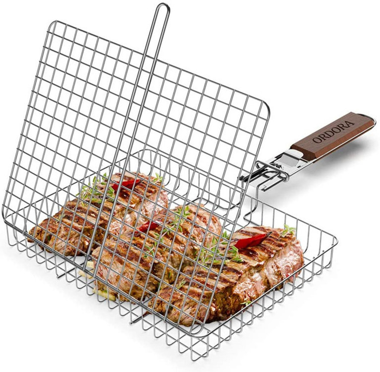 Folding Portable  Stainless Steel Baking BBQ Grill Basket Fish Vegetables Shrimp Wire Mesh  BBQ Grill for Picnics