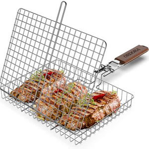 Folding Portable  Stainless Steel Baking BBQ Grill Basket Fish Vegetables Shrimp Wire Mesh  BBQ Grill for Picnics