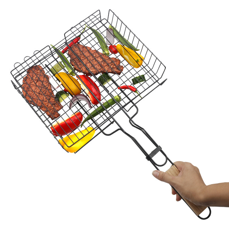 Folding Portable  Stainless Steel Baking BBQ Grill Basket Fish Vegetables Shrimp Wire Mesh  BBQ Grill for Picnics