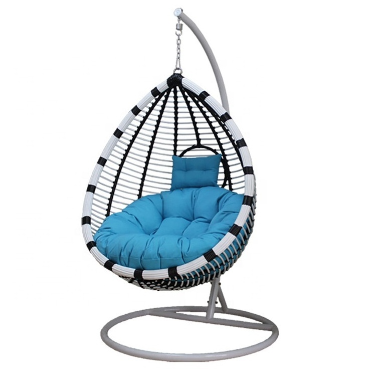 Outdoor Blue Wicker Rattan Patio Furniture Hanging Nest Swing Egg Chair with Stand