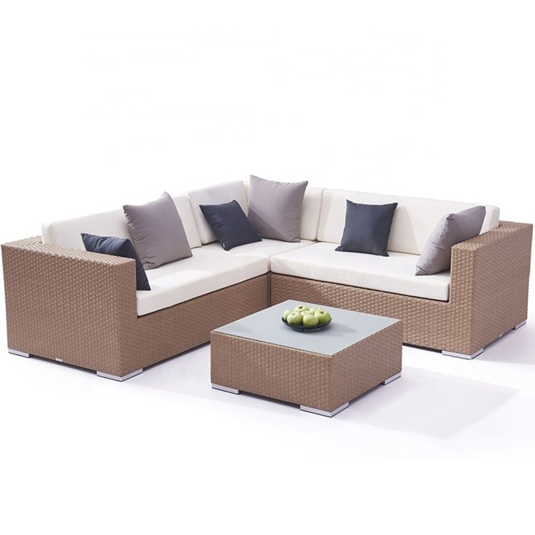 Brown L Shape Patio Wicker Sectional Lounge Couch Furniture Outdoor Garden Rattan Aluminum Corner Sofa Set