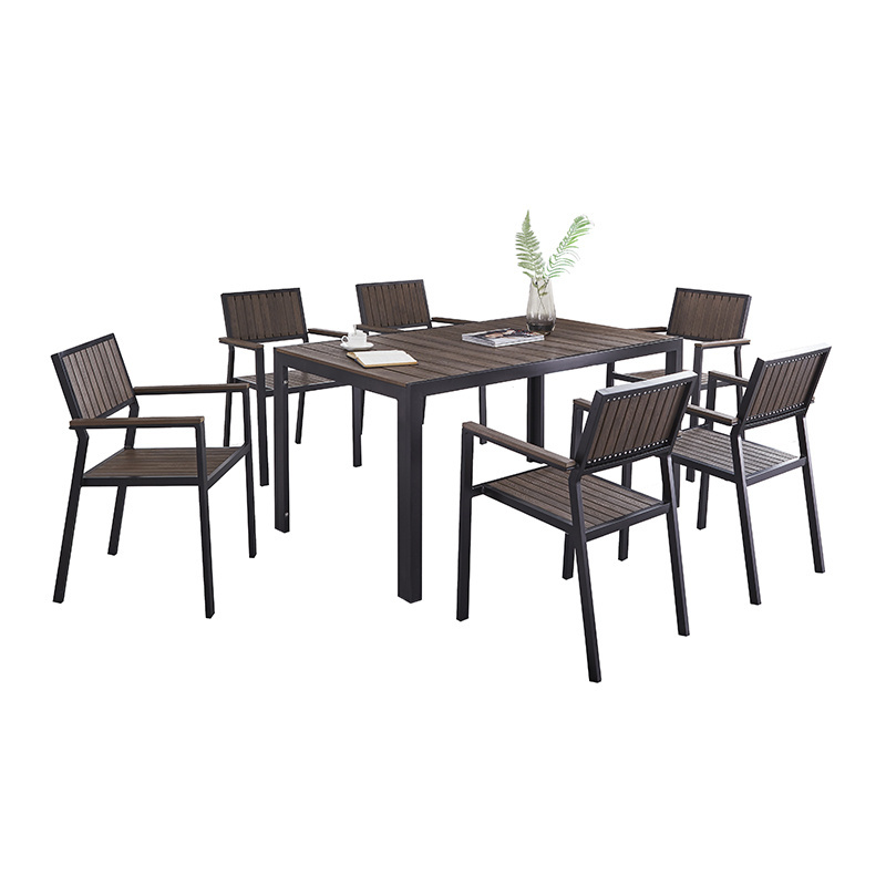 Black Waterproof Garden Furniture Outdoor Patio Plastic Wood Dining Table 6 Chairs Set