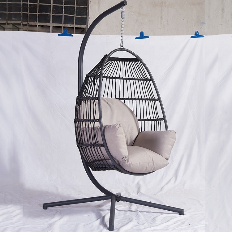 Folding Safety Leisure Garden Metal Frame Wicker Hammock Hanging Outdoor Patio Rattan Round Seat Swing Chairs with Stand