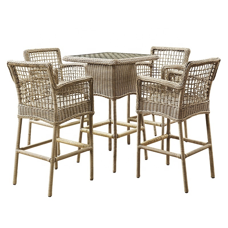 Wedding French Bistro Rattan High Back 4 Chairs Furniture Outside Glass Top Bar Dining Table Set