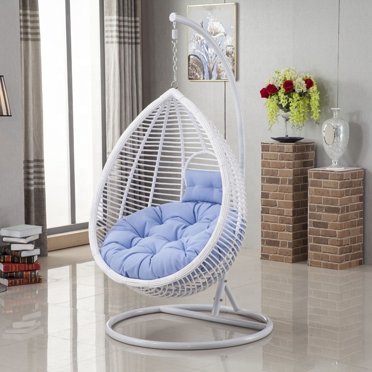 Outdoor Blue Wicker Rattan Patio Furniture Hanging Nest Swing Egg Chair with Stand