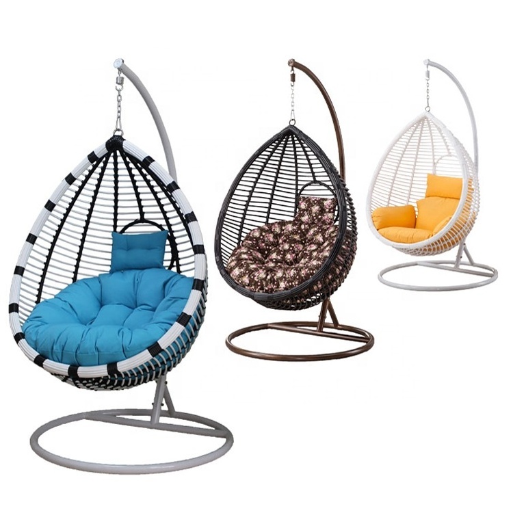 Outdoor Blue Wicker Rattan Patio Furniture Hanging Nest Swing Egg Chair with Stand