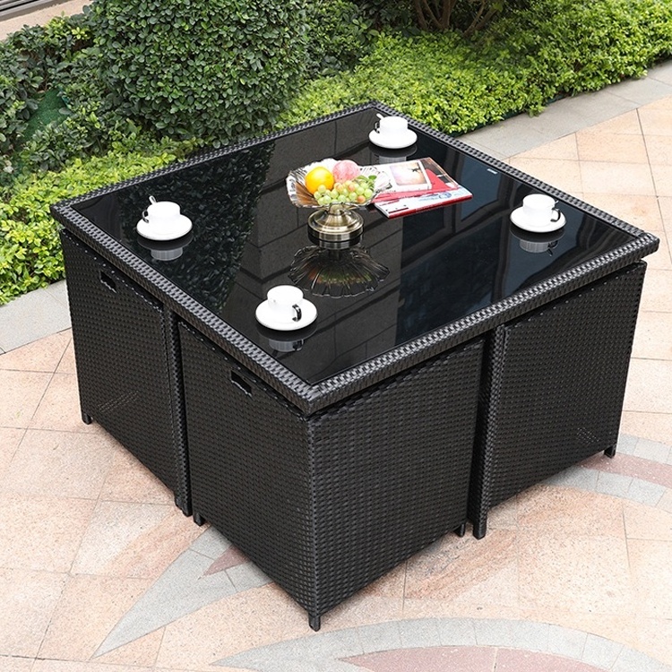 Unique Style Outdoor Wicker Furniture Woven Rattan Cube Dining Table Set Garden