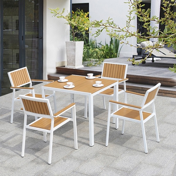 Modern Restaurant Dining Room Set Outdoor Garden Plastic Wood Storage Furniture 4 Seat Patio Table and Chair