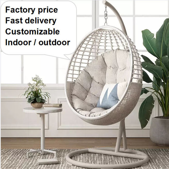 White Garden Furniture Metal Rattan Outdoor Patio Balcony Egg Shaped Nest Basket Adult Wicker Hanging Swing Chair with Stand