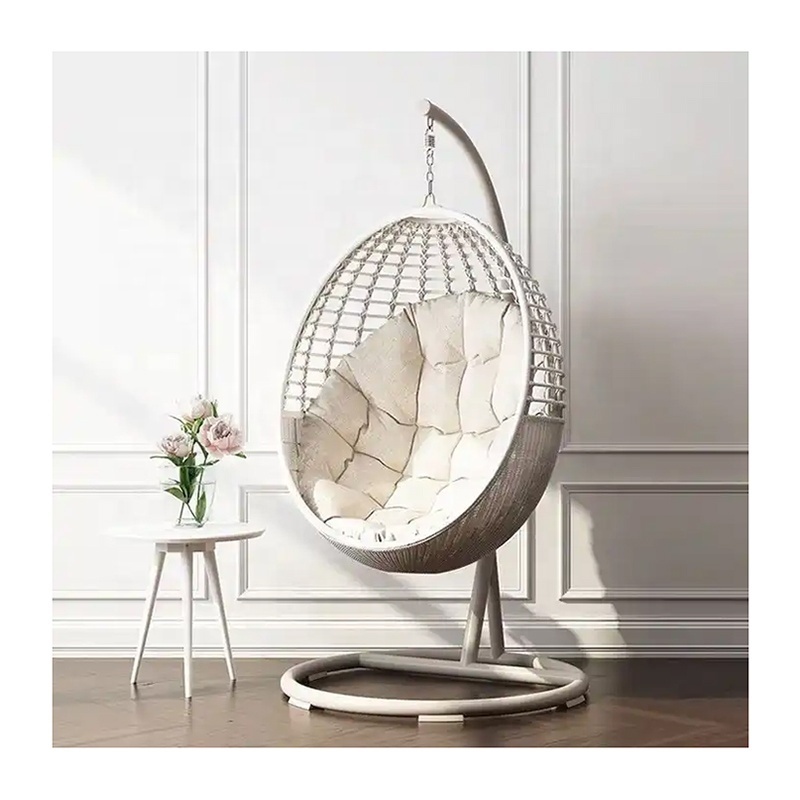 White Garden Furniture Metal Rattan Outdoor Patio Balcony Egg Shaped Nest Basket Adult Wicker Hanging Swing Chair with Stand