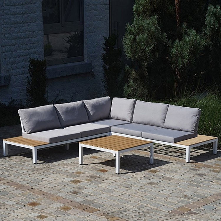 Luxury Modern Lazy Waterproof Aluminum Teak wood Corner Set Couch Patio Outdoor Furniture Garden Aluminum Seating Sofa