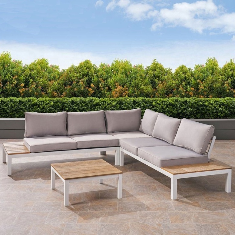 Luxury Modern Lazy Waterproof Aluminum Teak wood Corner Set Couch Patio Outdoor Furniture Garden Aluminum Seating Sofa